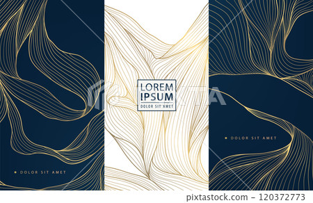 Vector set of art deco gold wave package templates, labels, line background. Elegant premium texture for design, glitter leaves, sea, silk dynamic illustration. 120372773