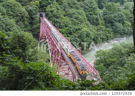 一列無軌電車穿過峽谷的鐵路橋 一列無軌電車穿過峽谷的鐵路橋 120372939