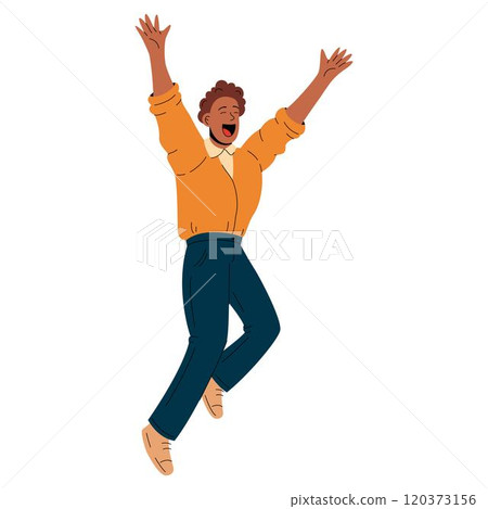 Cheerful man leaping for joy, expressing positivity and success Cheerful man leaping for joy, expressing positivity and success 120373156