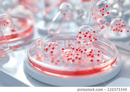 Petri dish with microspheres in liquid. Biotechnology, science, laboratory concept 120373349