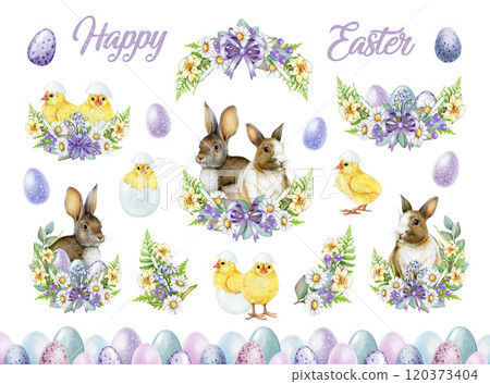 Hand drawn Easter festive collection with cute bunnies, pastel color painted eggs, yellow chicks, seamless border and primrose bouquets with daisies. Perfect for cards, decor and seasonal designs Hand drawn Easter festive collection with cute bunnies, pastel color painted eggs, yellow chicks, seamless border and primrose bouquets with daisies. Perfect for cards, decor and seasonal designs 120373404