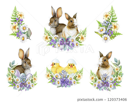 Easter festive hand drawn set with cute bunnies, pastel color painted eggs, yellow chicks and primrose bouquets with daisies and garden flowers. Perfect for cards, decor and seasonal designs Easter festive hand drawn set with cute bunnies, pastel color painted eggs, yellow chicks and primrose bouquets with daisies and garden flowers. Perfect for cards, decor and seasonal designs 120373406
