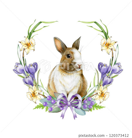 Easter mood festive wreath decor with cute bunny surrounded by daffodil flowers illustration. Perfect for holiday festive decoration, cards and seasonal designs. Isolated on white background 120373412