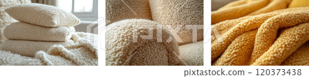 A set of images with soft boucle upholstery in cream and yellow decorates pillows and blankets 120373438