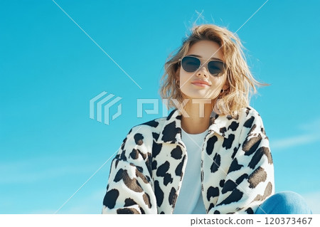 A girl in a stylish cow print jacket and jeans relaxes outdoors under a bright blue sky, soaking up the sun 120373467