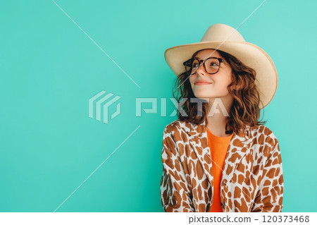 The girl with curly hair smiles in a chic cow print jacket and cowboy boots, basking in the cheerful vibe 120373468