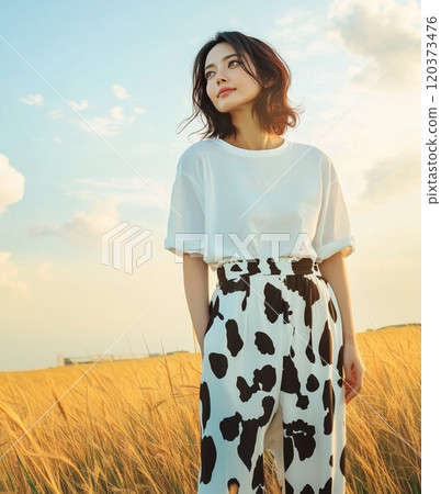 A woman in cow print pants stands gracefully in a sunlit field, embodying a sense of peace and connection with nature 120373476