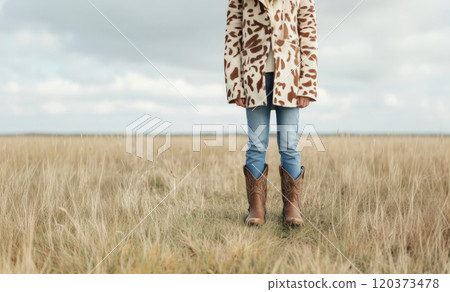 A girl poses confidently in a field, showcasing her cow print jacket and stylish cowboy boots against a cloudy backdrop 120373478
