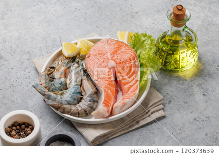 Seafood Platter Delight: Shrimps and Salmon 120373639