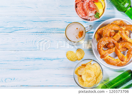 A vibrant photo showcasing various beer snacks and fast food 120373706