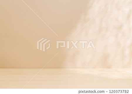 Template with empty table and wall with natural shadow and sunny glare 120373782