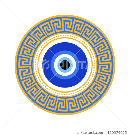 Evil eye vector amulet with Greek pattern. Turkish blue nazar with Mediterranean meander frame. Circle bead for protection luck and energy. Traditional Islamic magic charm Evil eye vector amulet with Greek pattern. Turkish blue nazar with Mediterranean meander frame. Circle bead for protection luck and energy. Traditional Islamic magic charm 120374015