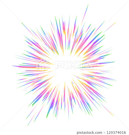 Light burst with rainbow prism effect. Halo flare sparkles of crystal on white background. Vector radial holographic color explosion. Comic speed lines glare beams with sparks and neon reflection. 120374016