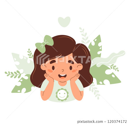 Smiling Girl child with dark hair with Green Floral. Eco friendly clothing and ecology, environmental care. Vector illustration Smiling Girl child with dark hair with Green Floral. Eco friendly clothing and ecology, environmental care. Vector illustration 120374172