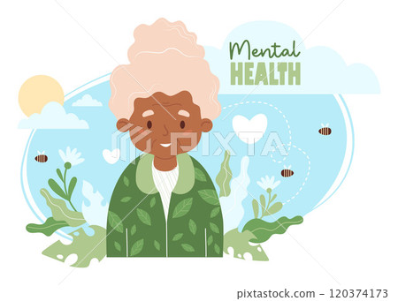 Elderly Woman Mental Health. Happy old ethnic lady surrounded by nature elements, wellness for seniors with calming aesthetic, harmony, therapy and environment. Ecology lifestyle. Vector illustration. Elderly Woman Mental Health. Happy old ethnic lady surrounded by nature elements, wellness for seniors with calming aesthetic, harmony, therapy and environment. Ecology lifestyle. Vector illustration. 120374173