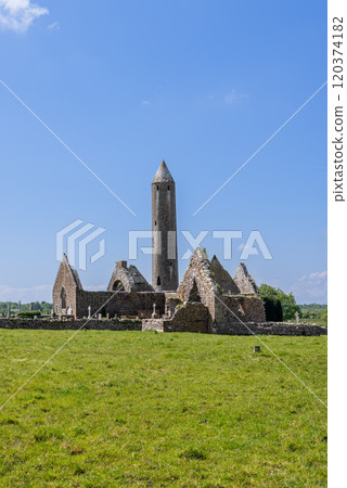 Kilmacduagh Abbey ruins in County Galway, Ireland, showcase a tall round tower and the remains of an ancient stone church. This vertical photo captures the historic site under a clear blue sky 120374182