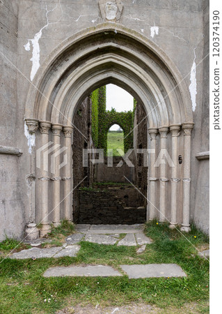 Detail of an ornate Gothic arch in Clifden Castle, Ireland, showing weathered stonework and intricate carvings. Through the arch, an ivy-clad interior wall leads the eye to the lush landscape outside 120374190