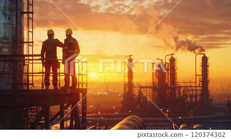 Two industrial workers stand on a platform at an oil refinery, looking over the facility as the sun sets, casting an orange glow over the sky and reflecting off the metal structures and chimneys 120374302