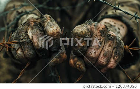 Dirty, weathered hands gripping rusty barbed wire, symbolizing hardship, resilience, and struggle in a harsh environment, with rough textures and worn skin 120374356