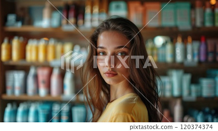 A young woman with long brown hair and blue eyes stands in front of shelves filled with skincare and beauty products. Her expression is calm and focused, with a soft, natural look A young woman with long brown hair and blue eyes stands in front of shelves filled with skincare and beauty products. Her expression is calm and focused, with a soft, natural look 120374374