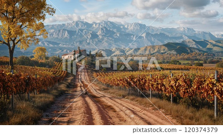 A scenic dirt road winds through a picturesque vineyard during autumn, leading towards a rustic farmhouse surrounded by vibrant fall foliage. In the background, majestic mountains rise under a partly A scenic dirt road winds through a picturesque vineyard during autumn, leading towards a rustic farmhouse surrounded by vibrant fall foliage. In the background, majestic mountains rise under a partly 120374379