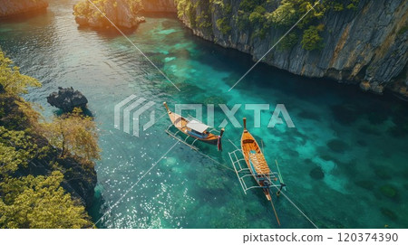 Aerial view of traditional wooden boats floating on crystal clear turquoise water surrounded by dramatic limestone cliffs in El Nido, Philippines. Stunning tropical lagoon with coral reefs 120374390