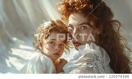 A mother and her young daughter, both with striking red hair, pose closely together. They wear delicate white dresses, their expressions soft and introspective, with gentle natural light creating a 120374399
