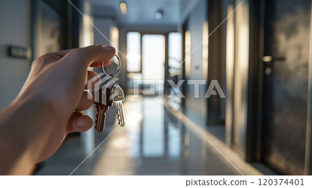 A hand holds a keychain with keys in focus, while a modern, sunlit hallway is blurred in the background. The image symbolizes new beginnings, ownership, and a sense of achievement 120374401