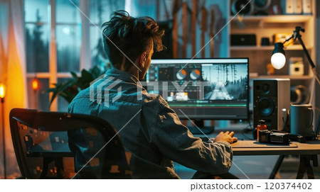 A man with tousled hair works on video editing at his computer in a cozy, dimly lit room. The editing software is visible on the monitor, surrounded by creative tools, evoking a productive work A man with tousled hair works on video editing at his computer in a cozy, dimly lit room. The editing software is visible on the monitor, surrounded by creative tools, evoking a productive work 120374402
