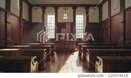 An empty courtroom with polished wooden benches, an American flag behind the judge's bench, and large windows casting natural light. The scene is formal, quiet, and evokes a sense of justice 120374410