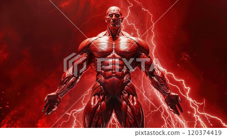 A towering, muscular humanoid figure with exposed muscles stands powerfully in front of a red, stormy background with lightning striking behind him, exuding strength, intensity, and energy 120374419