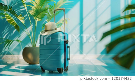 Turquoise hardshell suitcase with straw sun hat against tropical palm leaves background. Modern minimal travel concept with natural shadows and teal color scheme 120374422