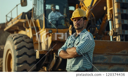 A confident construction worker in a yellow hard hat stands with arms crossed against the backdrop of a massive excavator on a sunny worksite. Strength and determination on display 120374436