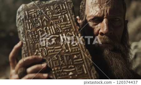 A rugged explorer Moses holds an ancient stone tablet covered in intricate hieroglyphs, his intense gaze radiating curiosity and mystery under the harsh desert sun A rugged explorer Moses holds an ancient stone tablet covered in intricate hieroglyphs, his intense gaze radiating curiosity and mystery under the harsh desert sun 120374437