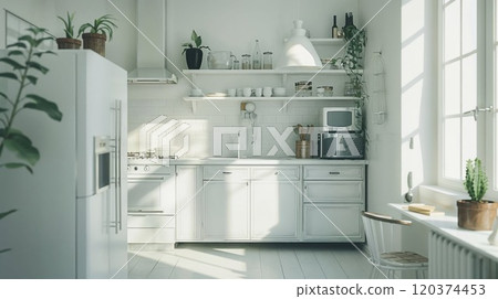 Bright and airy minimalist kitchen with clean white cabinets, modern appliances, and lush green plants. Perfect for contemporary living and interior design inspiration 120374453