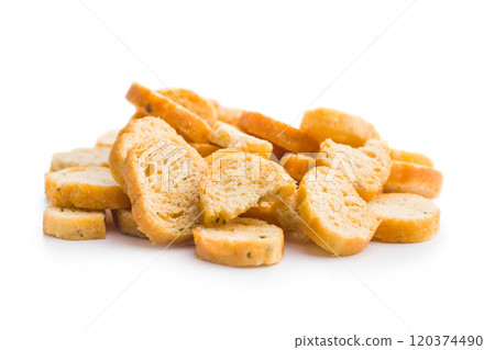 Sliced roasted bruschetta bread isolated on white background. 120374490