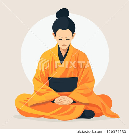 Asian woman in kimono sitting in lotus position. Vector illustration. 120374580