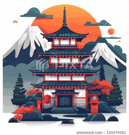 Japanese temple on the background of mountains. Vector illustration in flat style 120374581