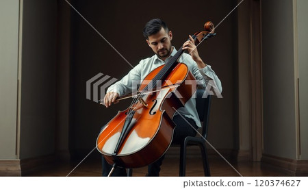 Young man wearing casual clothing playing cello 120374627