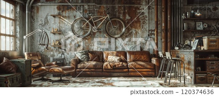 Industrial loft living room with rustic leather furniture, wall-mounted bike, and exposed pipes, blending vintage and modern decor in a cozy urban style 120374636