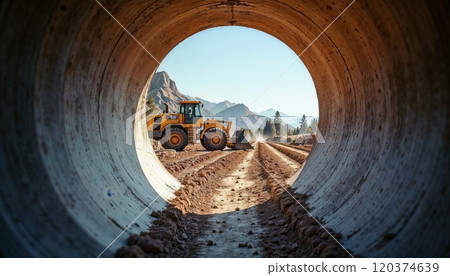 Construction scene framed through a large concrete pipe, showcasing a yellow excavator on a dirt road with mountains in the background 120374639