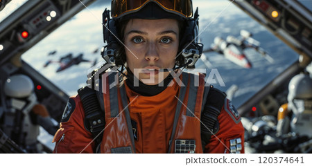 A focused female space pilot in a futuristic cockpit, ready for battle. Her intense gaze reflects determination and courage as spaceships fly in the background, creating an atmosphere of thrilling 120374641