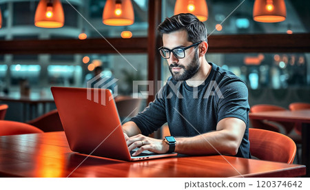 Focused young professional working on a laptop in a modern caf? setting. Warm ambient lighting and a stylish interior create an inspiring atmosphere for creativity and productivity 120374642