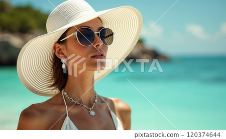 Elegant woman in luxury beach attire enjoying tropical paradise. Stunning portrait featuring white sunhat, designer jewelry, and sunglasses against crystal turquoise waters c 120374644