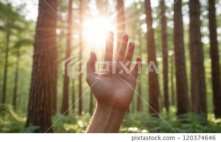 A hand reaching toward sunlight filtering through a lush forest. The image captures the warmth and connection with nature, symbolizing hope, growth, and harmony with the environment 120374646