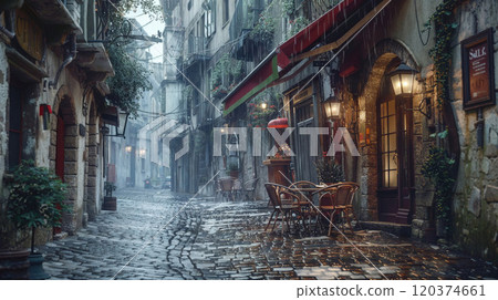 A narrow, picturesque cobblestone street lined with charming tables and chairs, all glistening in the soft, soothing rain 120374661