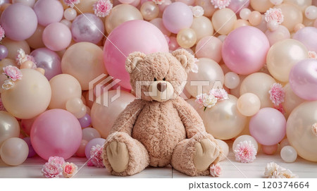 A fluffy teddy bear is happily sitting in front of a colorful wall filled with numerous pink balloons that look delightful and cheerful A fluffy teddy bear is happily sitting in front of a colorful wall filled with numerous pink balloons that look delightful and cheerful 120374664
