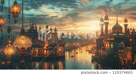 stunning fantasy city at sunset, with intricate, golden lanterns hanging over a river surrounded by majestic domes, towers, and ornate architecture, reflecting a magical, mystical atmosphere stunning fantasy city at sunset, with intricate, golden lanterns hanging over a river surrounded by majestic domes, towers, and ornate architecture, reflecting a magical, mystical atmosphere 120374665