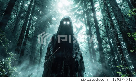 A mysterious figure cloaked in darkness with glowing eyes stands in a misty forest, creating an eerie and supernatural atmosphere as beams of light break through the dense trees 120374715