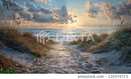 A tranquil sandy path winds through seaside dunes, leading to a breathtaking ocean horizon under a sky painted with dramatic clouds and golden light A tranquil sandy path winds through seaside dunes, leading to a breathtaking ocean horizon under a sky painted with dramatic clouds and golden light 120374723